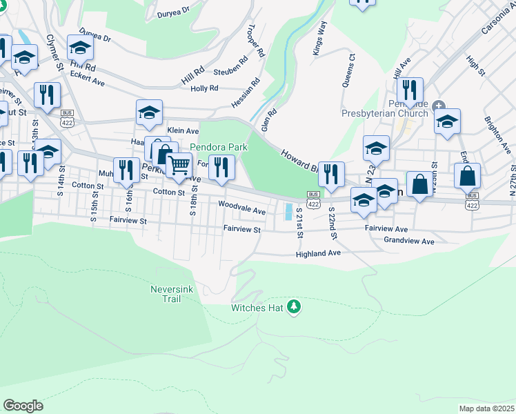 map of restaurants, bars, coffee shops, grocery stores, and more near 1963 Woodvale Avenue in Mount Penn