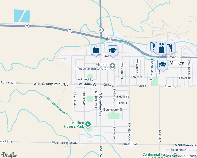 map of restaurants, bars, coffee shops, grocery stores, and more near 330 South Rachel Avenue in Milliken