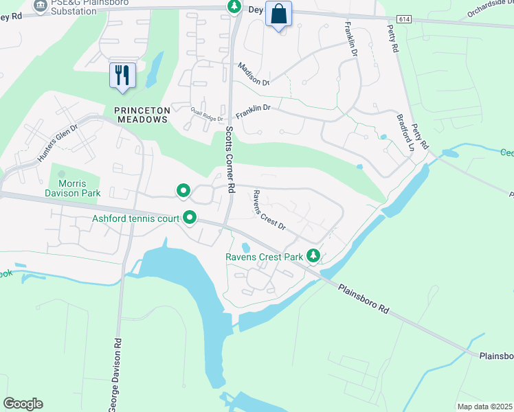 map of restaurants, bars, coffee shops, grocery stores, and more near 6336 Ravens Crest Drive in Plainsboro Township