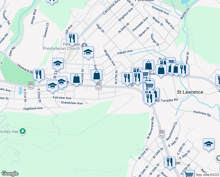 map of restaurants, bars, coffee shops, grocery stores, and more near 2636 Perkiomen Avenue in Mount Penn