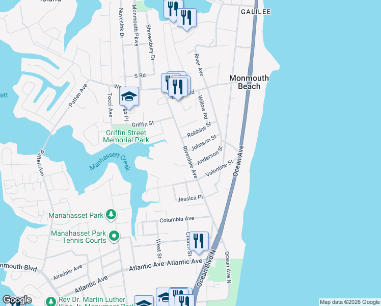 map of restaurants, bars, coffee shops, grocery stores, and more near 20 Johnson Street in Monmouth Beach