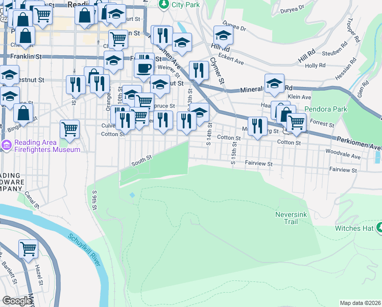 map of restaurants, bars, coffee shops, grocery stores, and more near 1315 Fairview Street in Reading