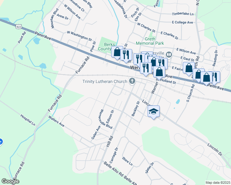 map of restaurants, bars, coffee shops, grocery stores, and more near 211 South Rosewood Court in Wernersville