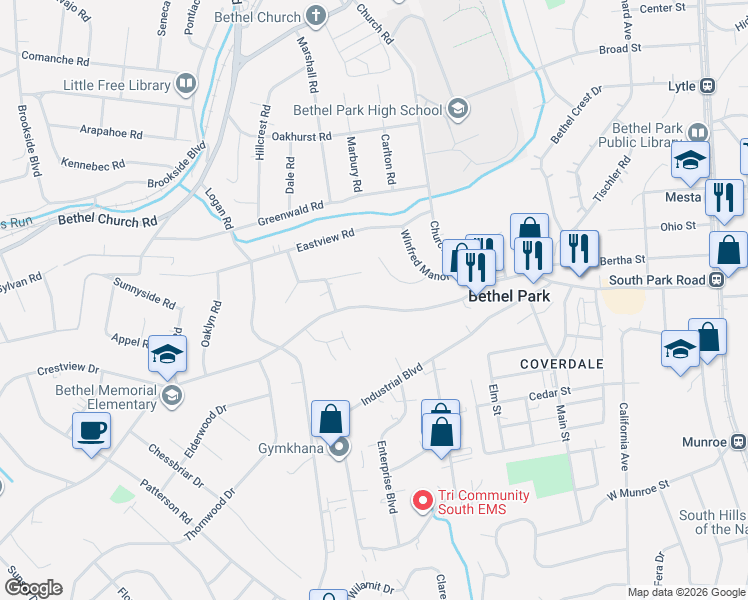 map of restaurants, bars, coffee shops, grocery stores, and more near 3070 South Park Road in Bethel Park