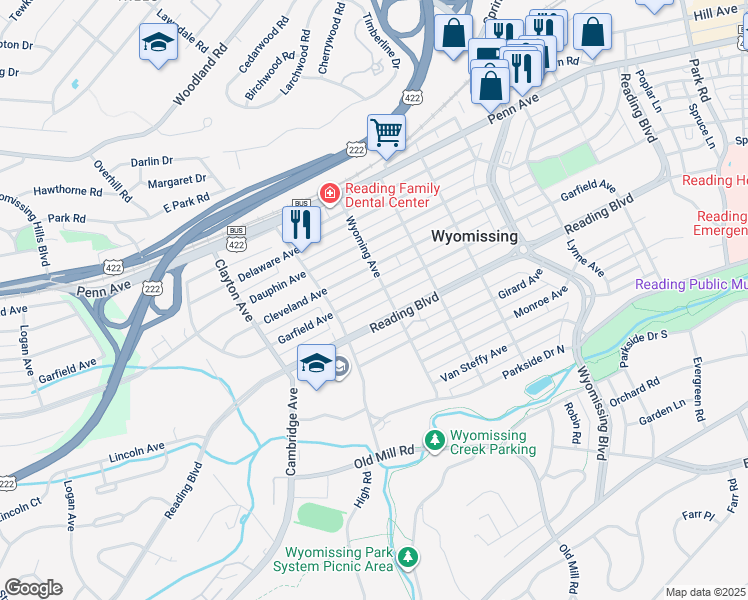 map of restaurants, bars, coffee shops, grocery stores, and more near 1510 Garfield Avenue in Wyomissing
