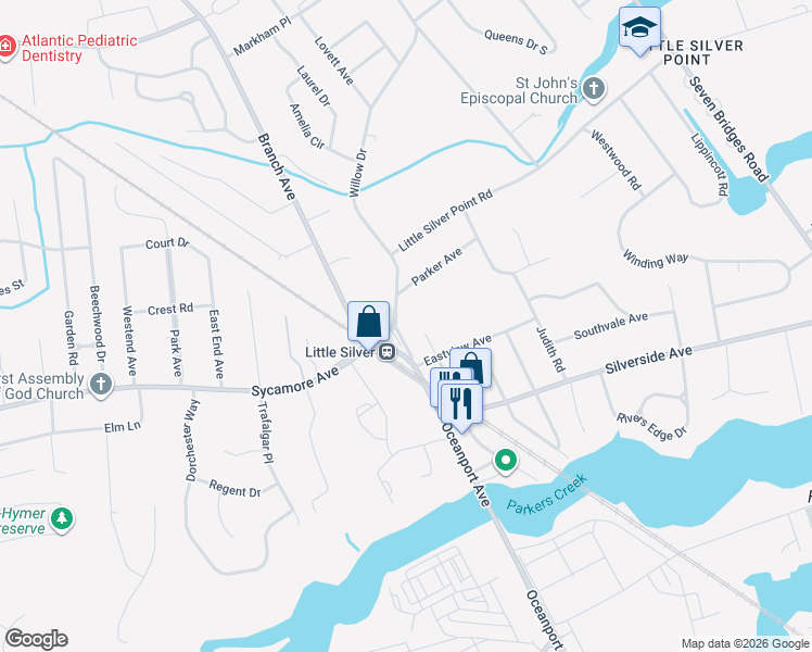 map of restaurants, bars, coffee shops, grocery stores, and more near 320 Willow Drive in Little Silver