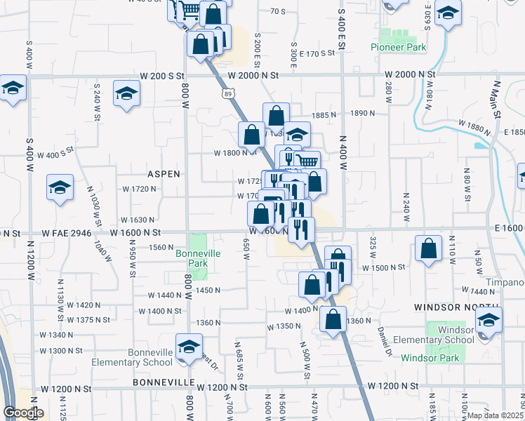 map of restaurants, bars, coffee shops, grocery stores, and more near 1631 North State Street in Orem