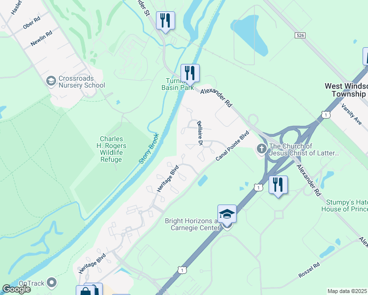 map of restaurants, bars, coffee shops, grocery stores, and more near 9 Hanover Court in Princeton