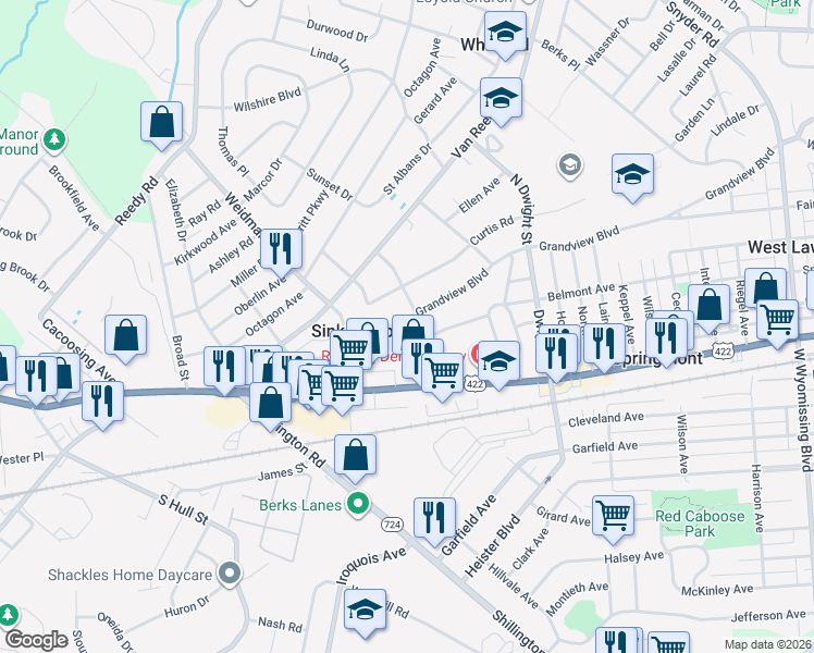 map of restaurants, bars, coffee shops, grocery stores, and more near 3108 Grandview Boulevard in Sinking Spring