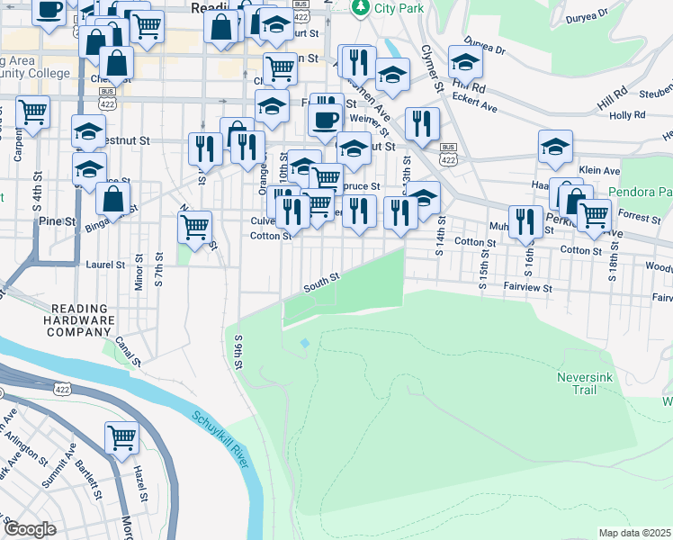 map of restaurants, bars, coffee shops, grocery stores, and more near in Reading