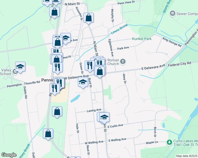 map of restaurants, bars, coffee shops, grocery stores, and more near 16 South Main Street in Pennington