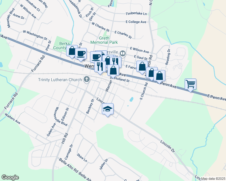 map of restaurants, bars, coffee shops, grocery stores, and more near 86 South Reber Street in Wernersville