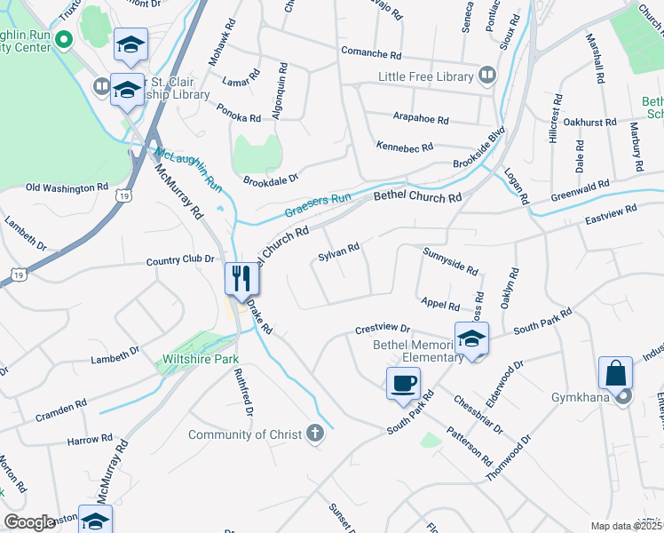 map of restaurants, bars, coffee shops, grocery stores, and more near 28 Alton Dr in Bethel Park