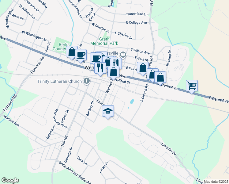 map of restaurants, bars, coffee shops, grocery stores, and more near 86 South Reber Street in Wernersville