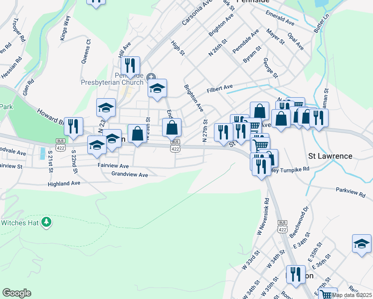 map of restaurants, bars, coffee shops, grocery stores, and more near 2622 Perkiomen Avenue in Mount Penn