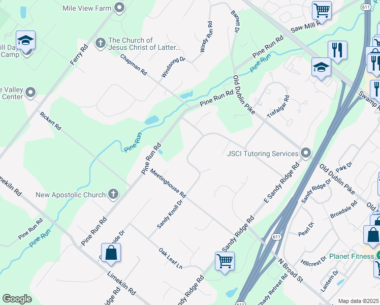 map of restaurants, bars, coffee shops, grocery stores, and more near 173 Sandy Knoll Drive in Doylestown