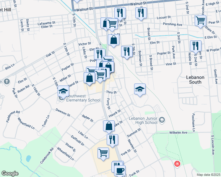 map of restaurants, bars, coffee shops, grocery stores, and more near 835 Kreider St in Lebanon