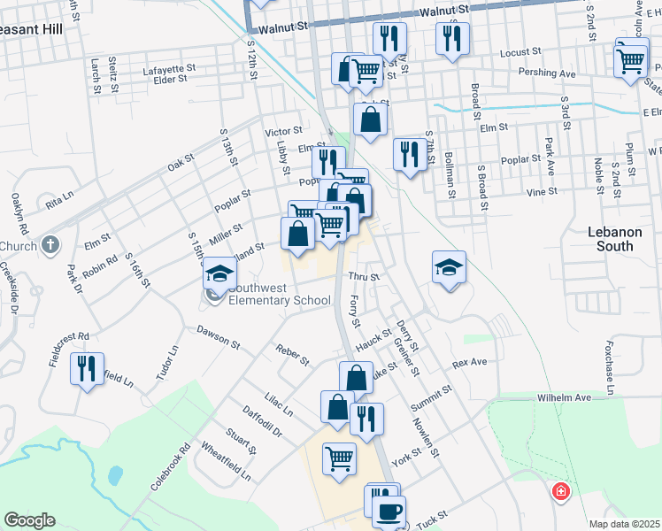 map of restaurants, bars, coffee shops, grocery stores, and more near 837 Quentin Road in Lebanon