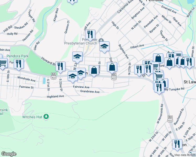 map of restaurants, bars, coffee shops, grocery stores, and more near 2458 Perkiomen Avenue in Mount Penn