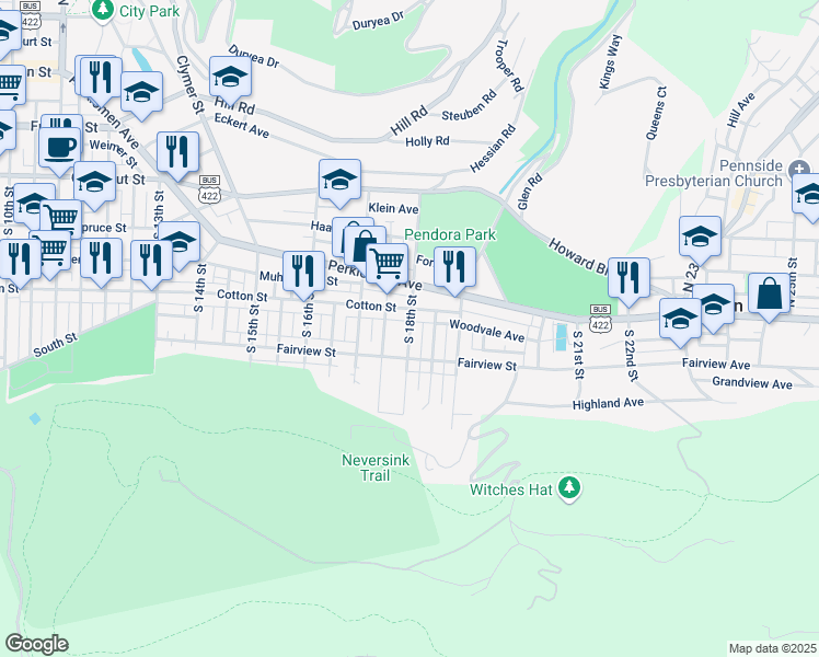 map of restaurants, bars, coffee shops, grocery stores, and more near South 18th Street in Reading