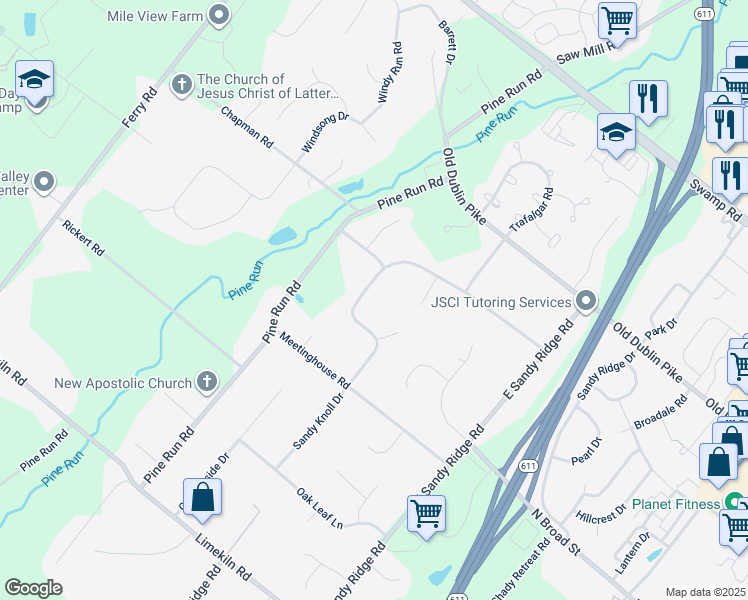 map of restaurants, bars, coffee shops, grocery stores, and more near 176 Sandy Knoll Drive in Doylestown