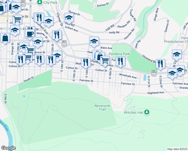 map of restaurants, bars, coffee shops, grocery stores, and more near 535 South 16 1/2 Street in Reading