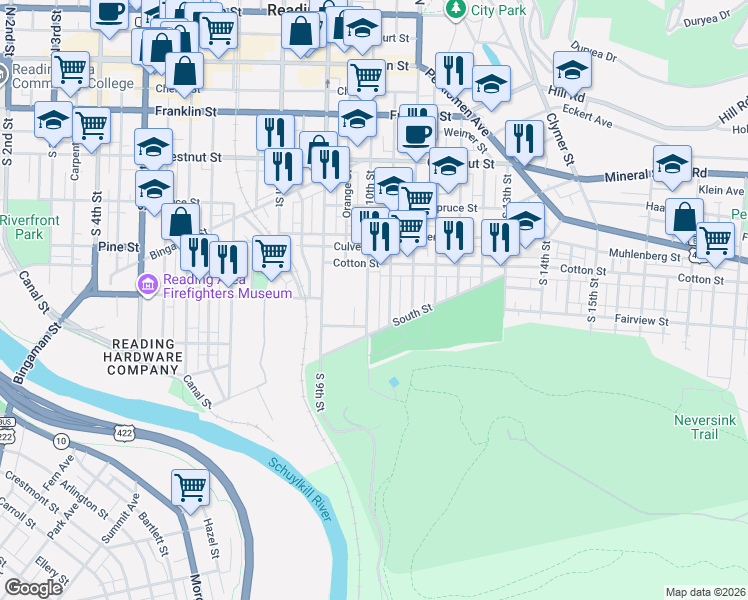 map of restaurants, bars, coffee shops, grocery stores, and more near 543 South 10th Street in Reading