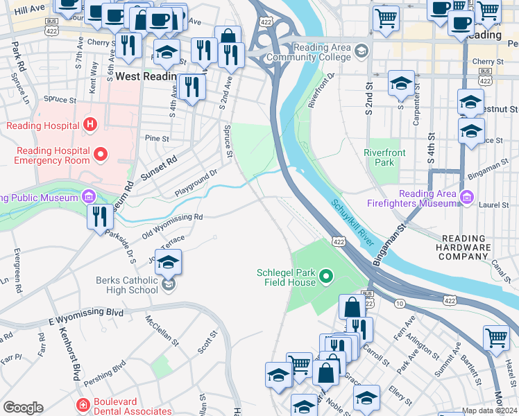 map of restaurants, bars, coffee shops, grocery stores, and more near 610 Old Wyomissing Road in Reading