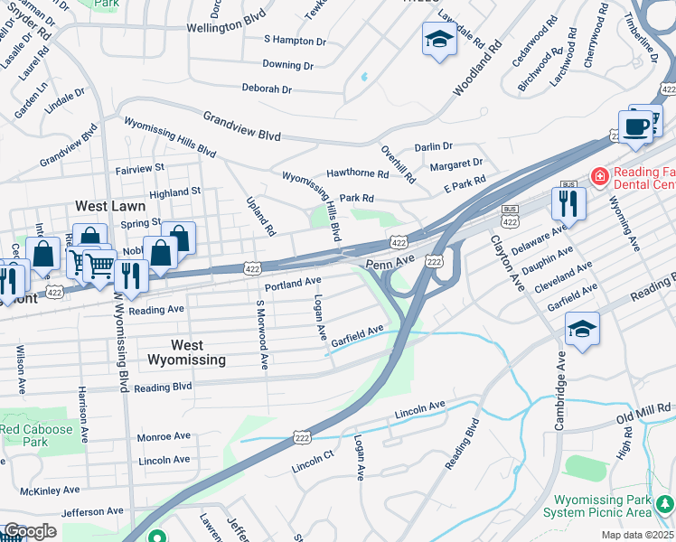map of restaurants, bars, coffee shops, grocery stores, and more near 1741 Portland Avenue in West Lawn