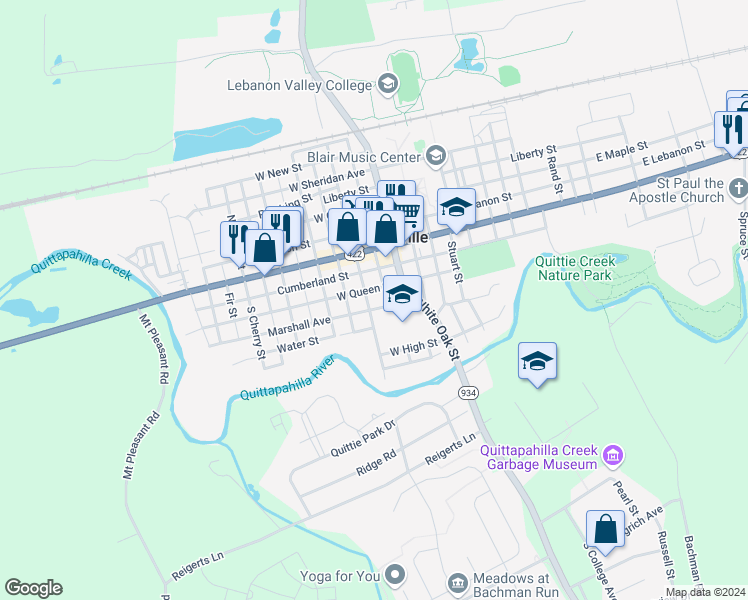 map of restaurants, bars, coffee shops, grocery stores, and more near 118 South Lancaster Street in Annville