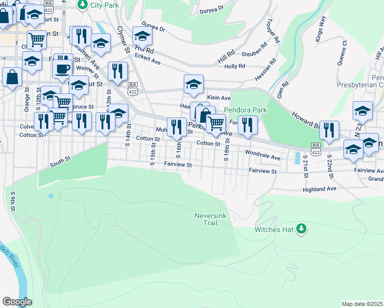 map of restaurants, bars, coffee shops, grocery stores, and more near 535 South 16 1/2 Street in Reading