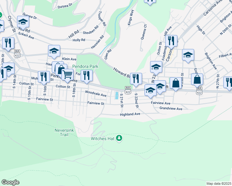 map of restaurants, bars, coffee shops, grocery stores, and more near 2000 Perkiomen Avenue in Reading