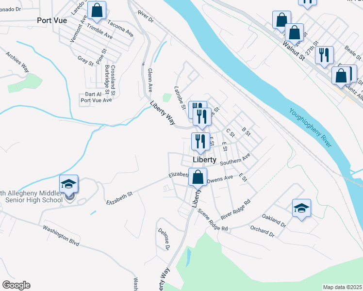 map of restaurants, bars, coffee shops, grocery stores, and more near 2804 I Street in McKeesport