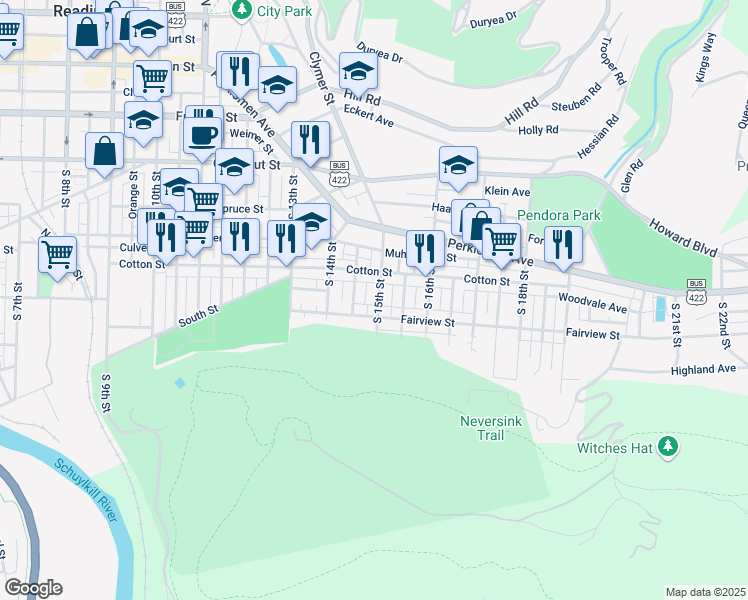 map of restaurants, bars, coffee shops, grocery stores, and more near 542 South 15th Street in Reading