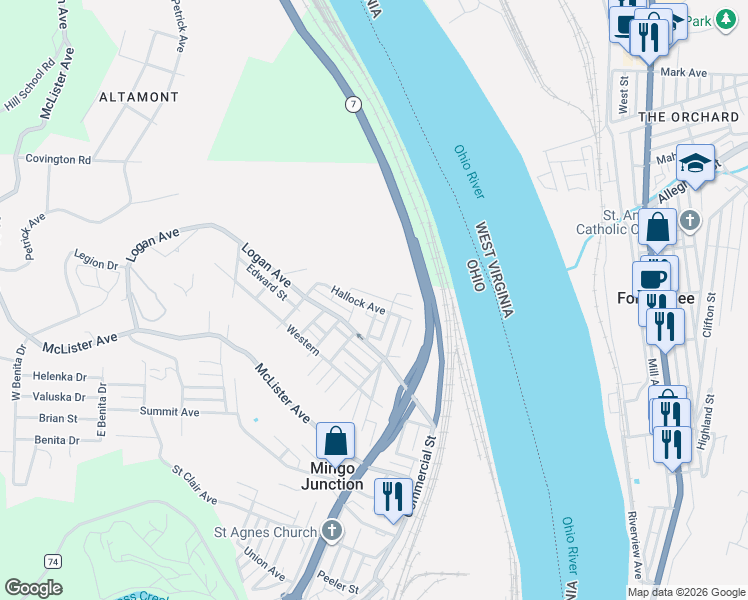 map of restaurants, bars, coffee shops, grocery stores, and more near 235 Hallock Avenue in Mingo Junction