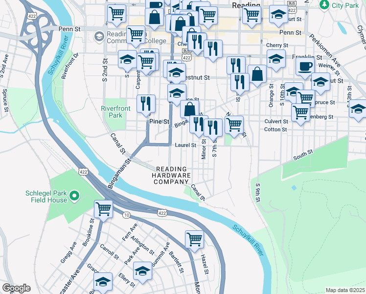 map of restaurants, bars, coffee shops, grocery stores, and more near 530 Laurel Street in Reading