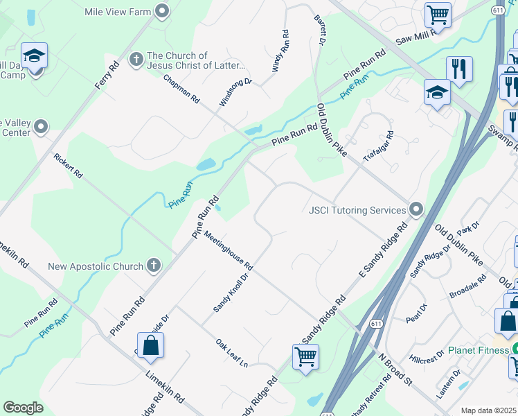 map of restaurants, bars, coffee shops, grocery stores, and more near 176 Sandy Knoll Drive in Doylestown
