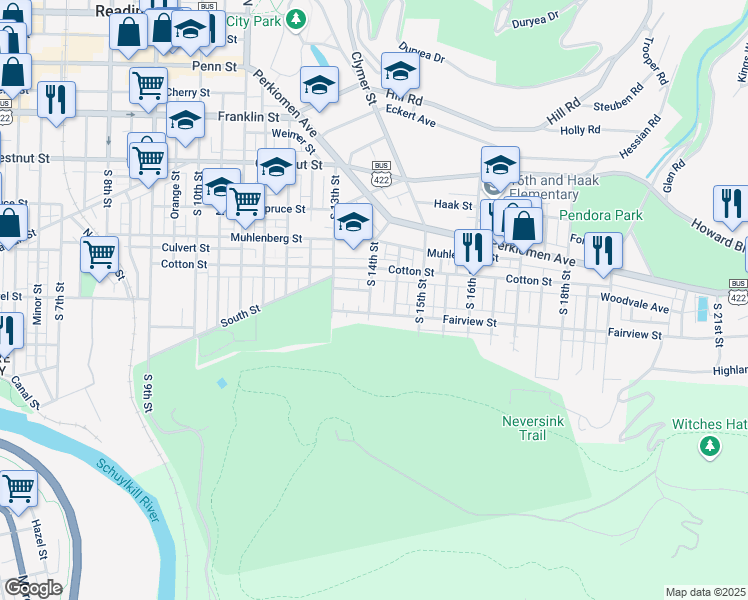 map of restaurants, bars, coffee shops, grocery stores, and more near 549 South 14th Street in Reading