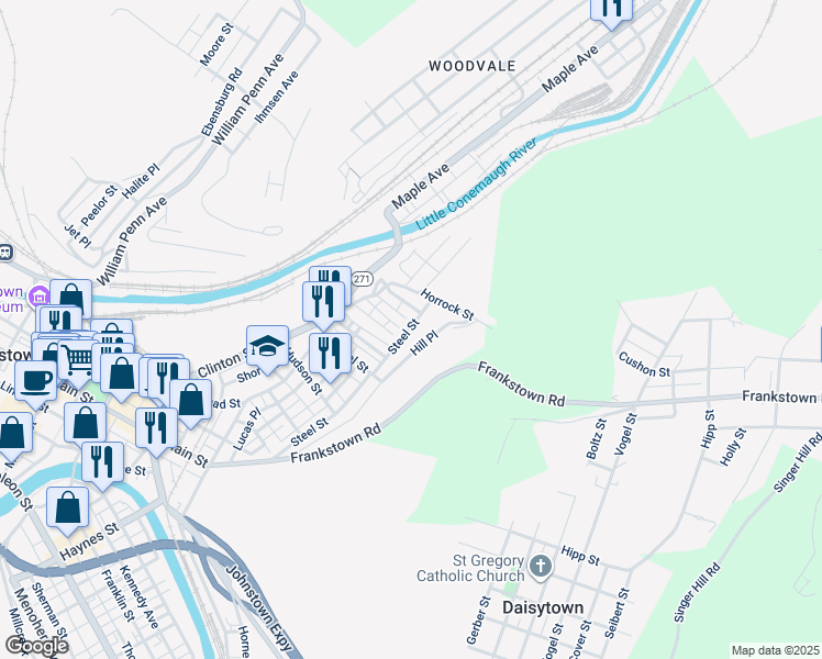 map of restaurants, bars, coffee shops, grocery stores, and more near 1036 Steel Street in Johnstown
