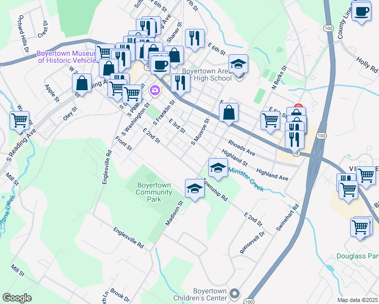 map of restaurants, bars, coffee shops, grocery stores, and more near 120 S Monroe St in Boyertown