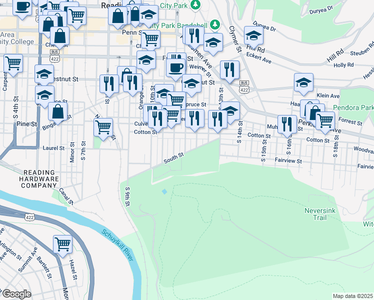 map of restaurants, bars, coffee shops, grocery stores, and more near in Reading