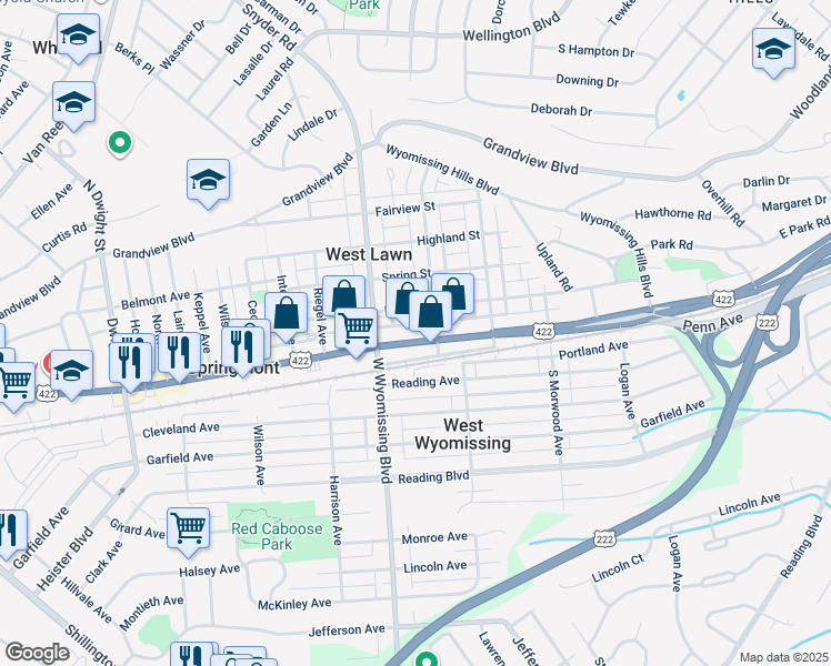 map of restaurants, bars, coffee shops, grocery stores, and more near 2225 Penn Avenue in West Lawn