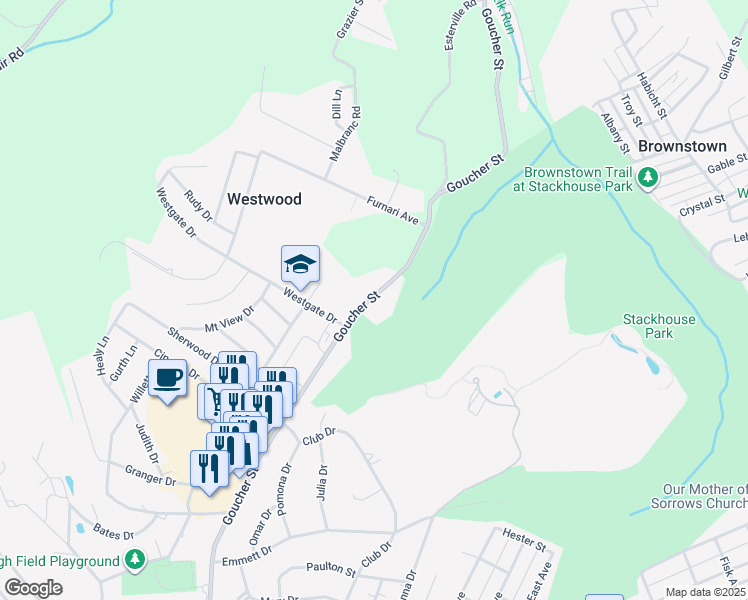 map of restaurants, bars, coffee shops, grocery stores, and more near 1800-1892 Goucher Street in Johnstown