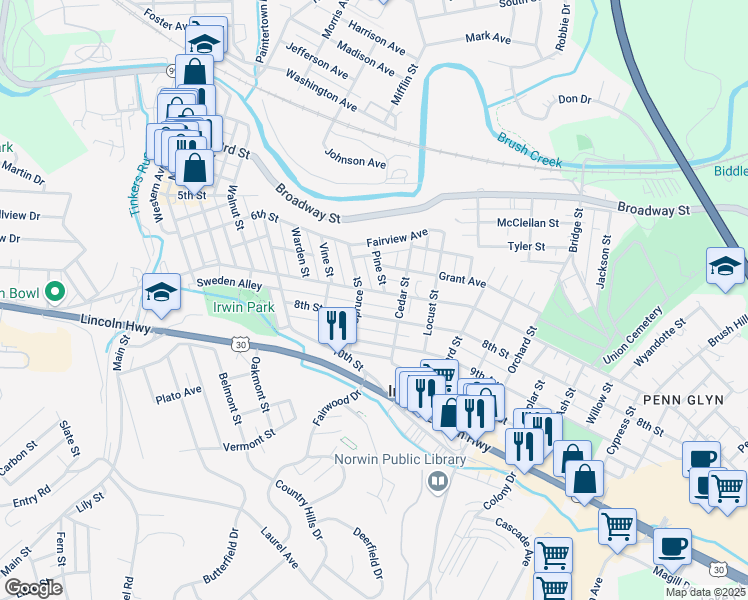 map of restaurants, bars, coffee shops, grocery stores, and more near 712 Pennsylvania Avenue in Irwin