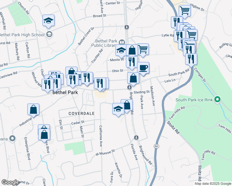 map of restaurants, bars, coffee shops, grocery stores, and more near 2739 South Park Road in Bethel Park