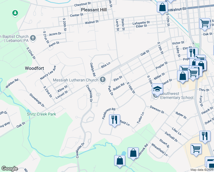 map of restaurants, bars, coffee shops, grocery stores, and more near 525 Park Dr in Lebanon