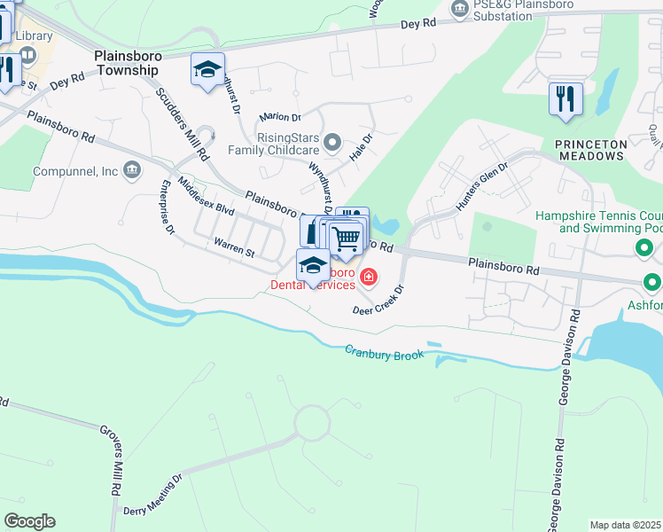 map of restaurants, bars, coffee shops, grocery stores, and more near in Plainsboro Township