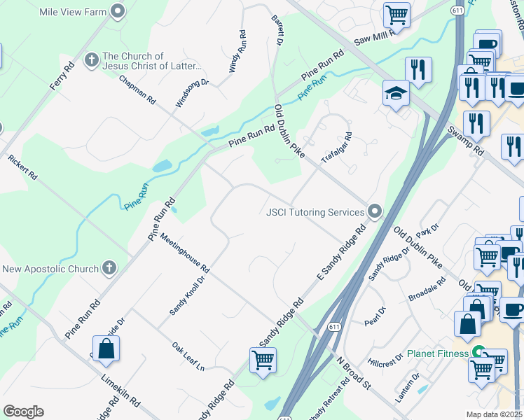 map of restaurants, bars, coffee shops, grocery stores, and more near 102 Sandy Knoll Circle in Doylestown