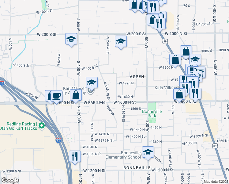 map of restaurants, bars, coffee shops, grocery stores, and more near 1663 N 980 W in Orem