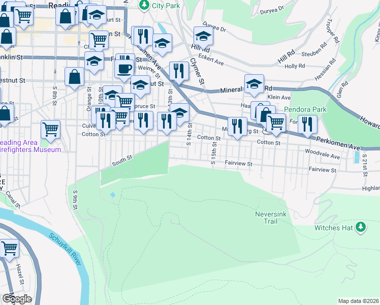 map of restaurants, bars, coffee shops, grocery stores, and more near 549 South 14th Street in Reading